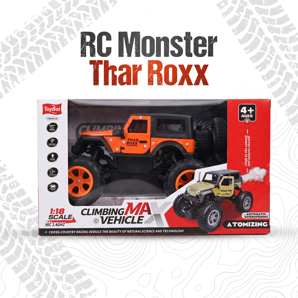 ToyCar brand RC monster truck packaging for 'Thar Roxx', showing a 1:18 scale climbing vehicle in orange and black with large off-road tires, on a white background with tire tracks.