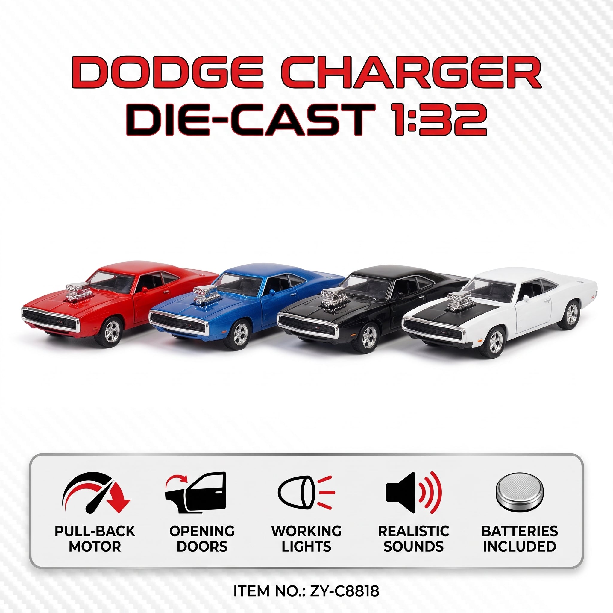 Four 1:32 scale die-cast toy cars of the Dodge Charger in red, blue, black, and white, displayed on a white background with promotional text and feature icons.