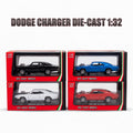 Four 1:32 scale die-cast model cars in red Mini Auto boxes, showing black, blue, white, and red versions of a Dodge Charger with a supercharger, under the text 'DODGE CHARGER DIE-CAST 1:32'.