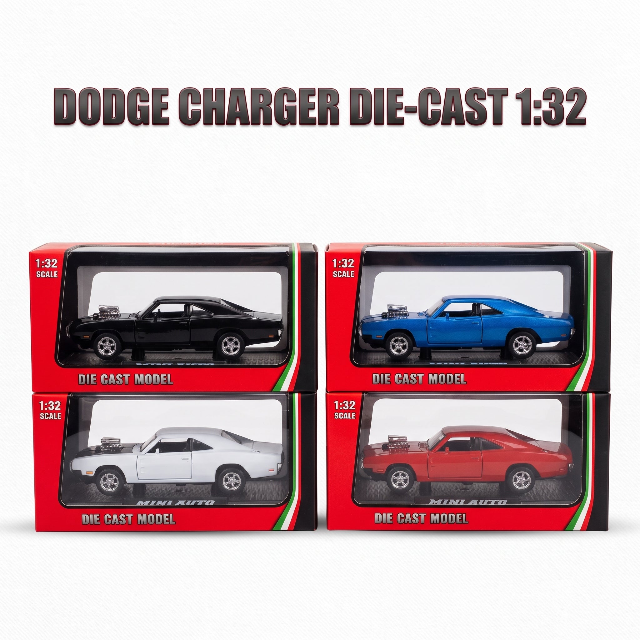 Four 1:32 scale die-cast model cars in red Mini Auto boxes, showing black, blue, white, and red versions of a Dodge Charger with a supercharger, under the text 'DODGE CHARGER DIE-CAST 1:32'.