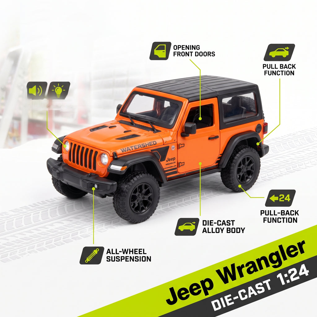 Orange and black 1:24 scale die-cast toy Jeep Wrangler, shown with feature callout labels including opening front doors, pull-back function, all-wheel suspension, and die-cast alloy body.