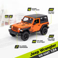 Orange and black 1:24 scale die-cast toy Jeep Wrangler, shown with feature callout labels including opening front doors, pull-back function, all-wheel suspension, and die-cast alloy body.