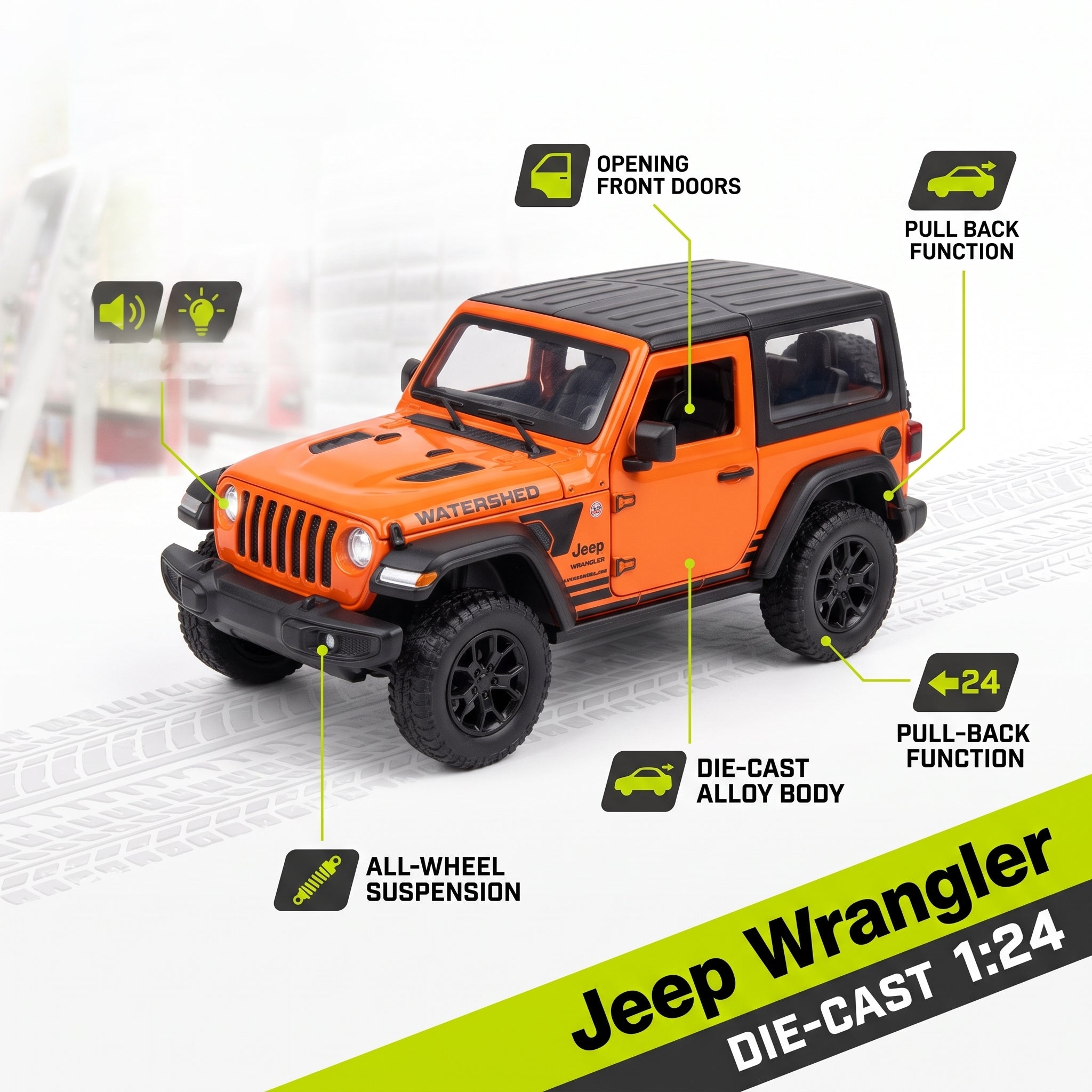 Orange and black 1:24 scale die-cast toy Jeep Wrangler, shown with feature callout labels including opening front doors, pull-back function, all-wheel suspension, and die-cast alloy body.