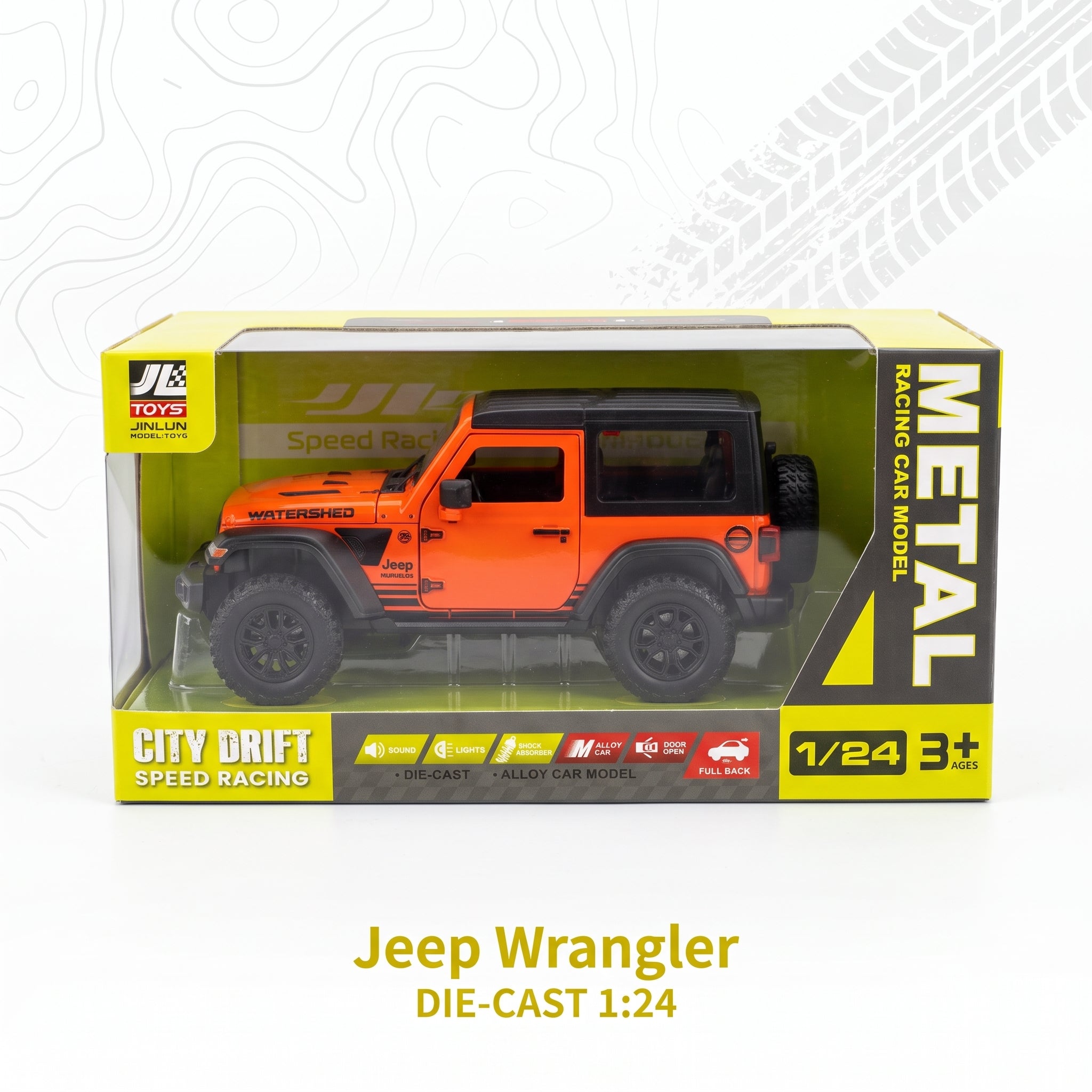 J&H Toys Metal Racing Car Model die-cast Jeep Wrangler toy car in a 1:24 scale box, featuring an orange body with a black roof and black wheels.