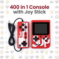 A red and white retro handheld game console with a black screen and black joypad controller, shown alongside a black cable on a white background with decorative icons and the text '400 in 1 Console with Joy Stick'.