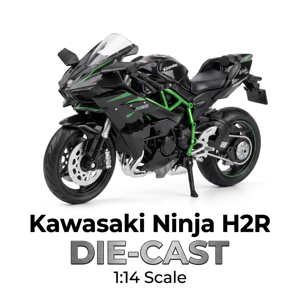 A 1:14 scale die-cast model of a Kawasaki Ninja H2R motorcycle, shown in black with distinctive green accents, on a white background with text overlay.