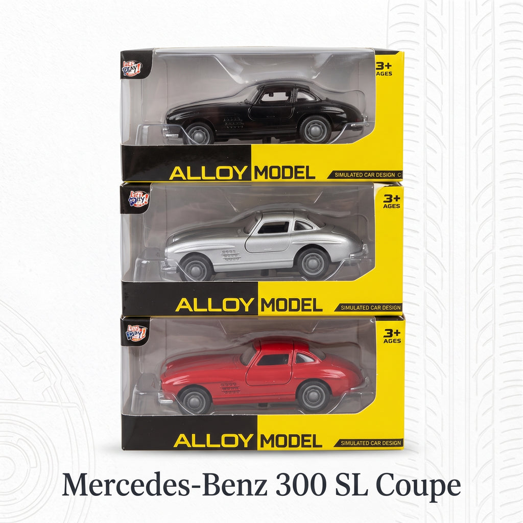 Three Alloy Model diecast cars in their original retail packaging, featuring a black Mercedes-Benz 300 SL Coupe, a silver Mercedes-Benz 300 SL Coupe, and a red Mercedes-Benz 300 SL Coupe, stacked vertically on a white background with text at the bottom.