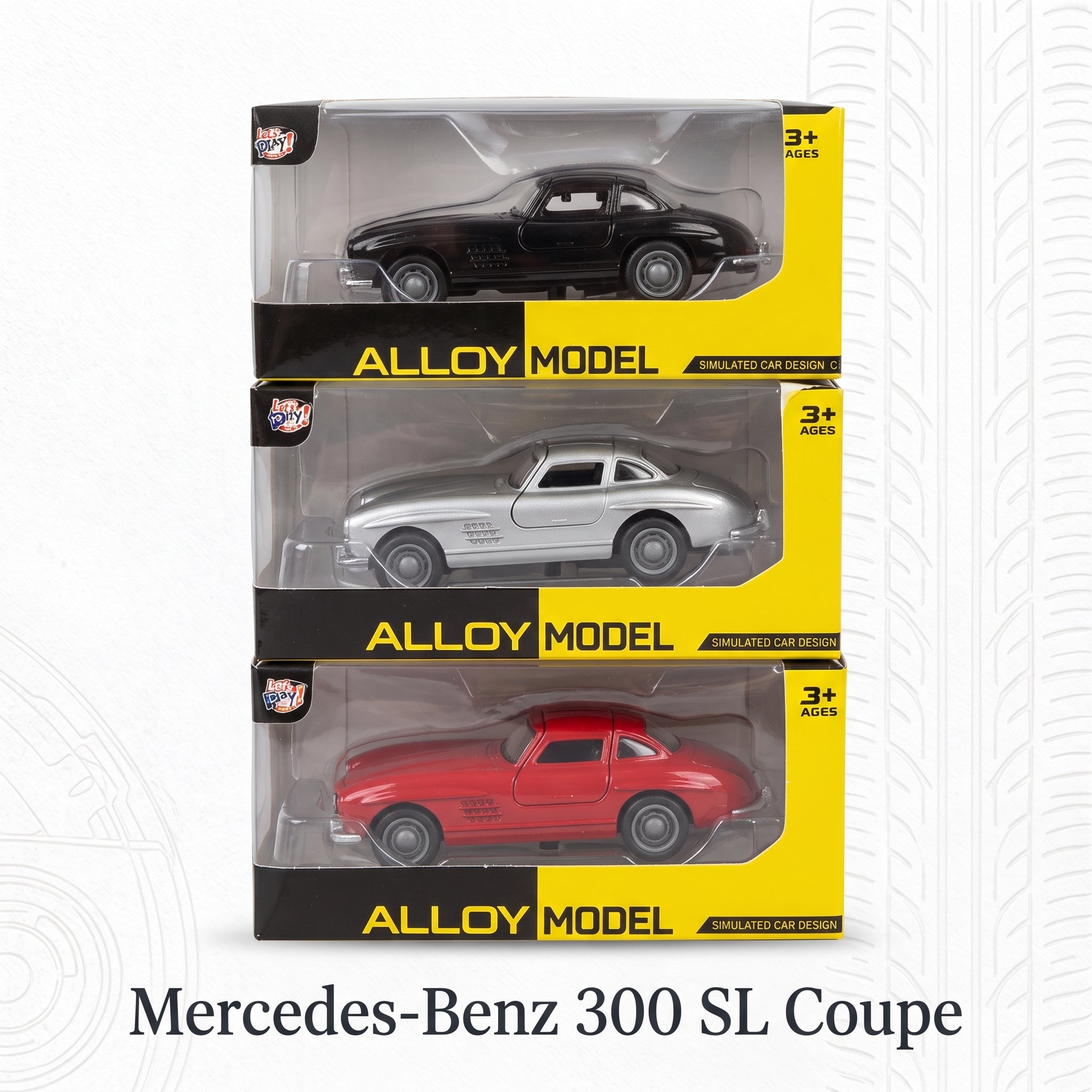 Three Alloy Model diecast cars in their original retail packaging, featuring a black Mercedes-Benz 300 SL Coupe, a silver Mercedes-Benz 300 SL Coupe, and a red Mercedes-Benz 300 SL Coupe, stacked vertically on a white background with text at the bottom.