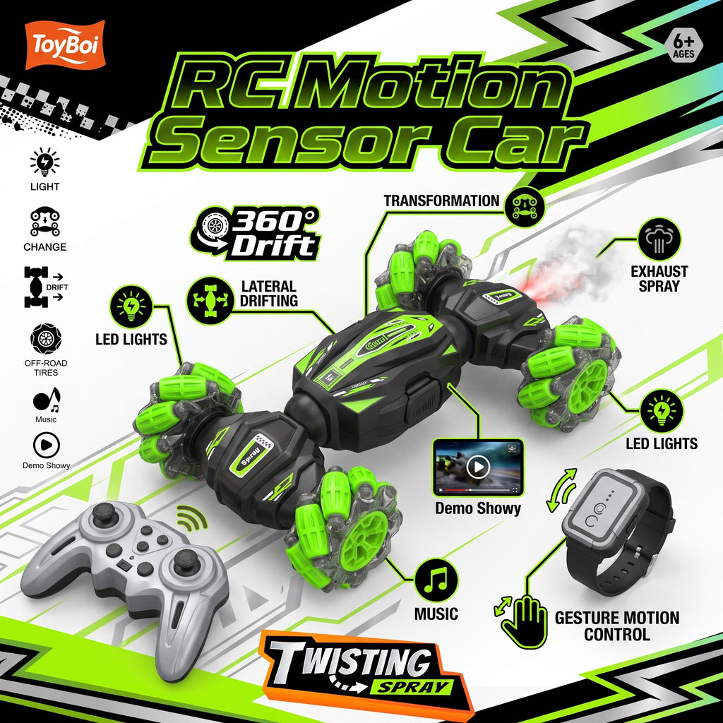 ToyBoi RC Motion Sensor Car in black and neon green, shown with its gray wireless controller and feature callout graphics on a white and black background.