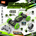 ToyBoi RC Motion Sensor Car in black and neon green, shown with its gray wireless controller and feature callout graphics on a white and black background.