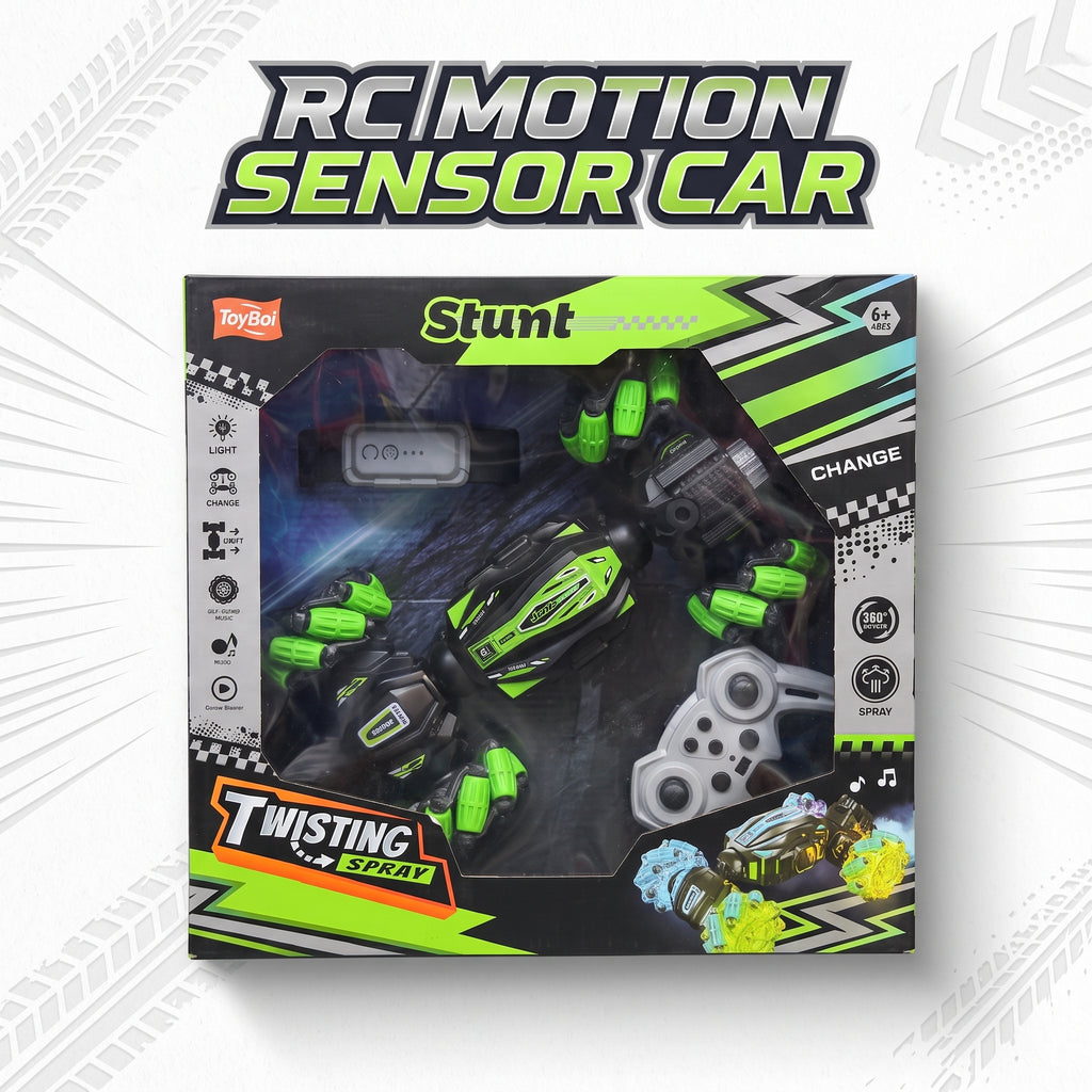 ToyBox Stunt Sensor Car RC car in its retail packaging, featuring a black and neon green car, a gray remote control, and a small blue accessory inside a black, green, and gray box.