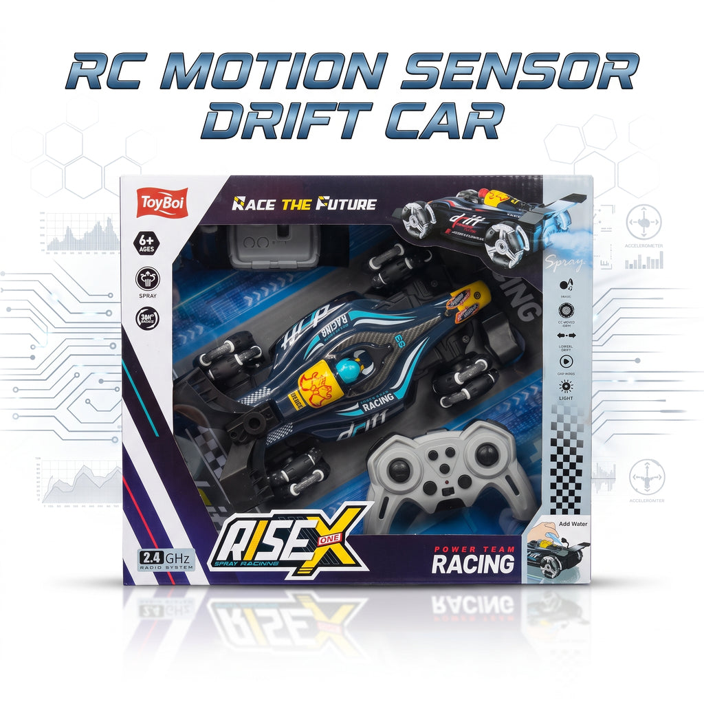 ToyBoi A16X RC Racing drift car kit in retail packaging, featuring a blue and black remote control car with yellow accents, a gray remote controller, and promotional text reading 'RC MOTION SENSOR DRIFT CAR' on a white background with subtle tech graphics.