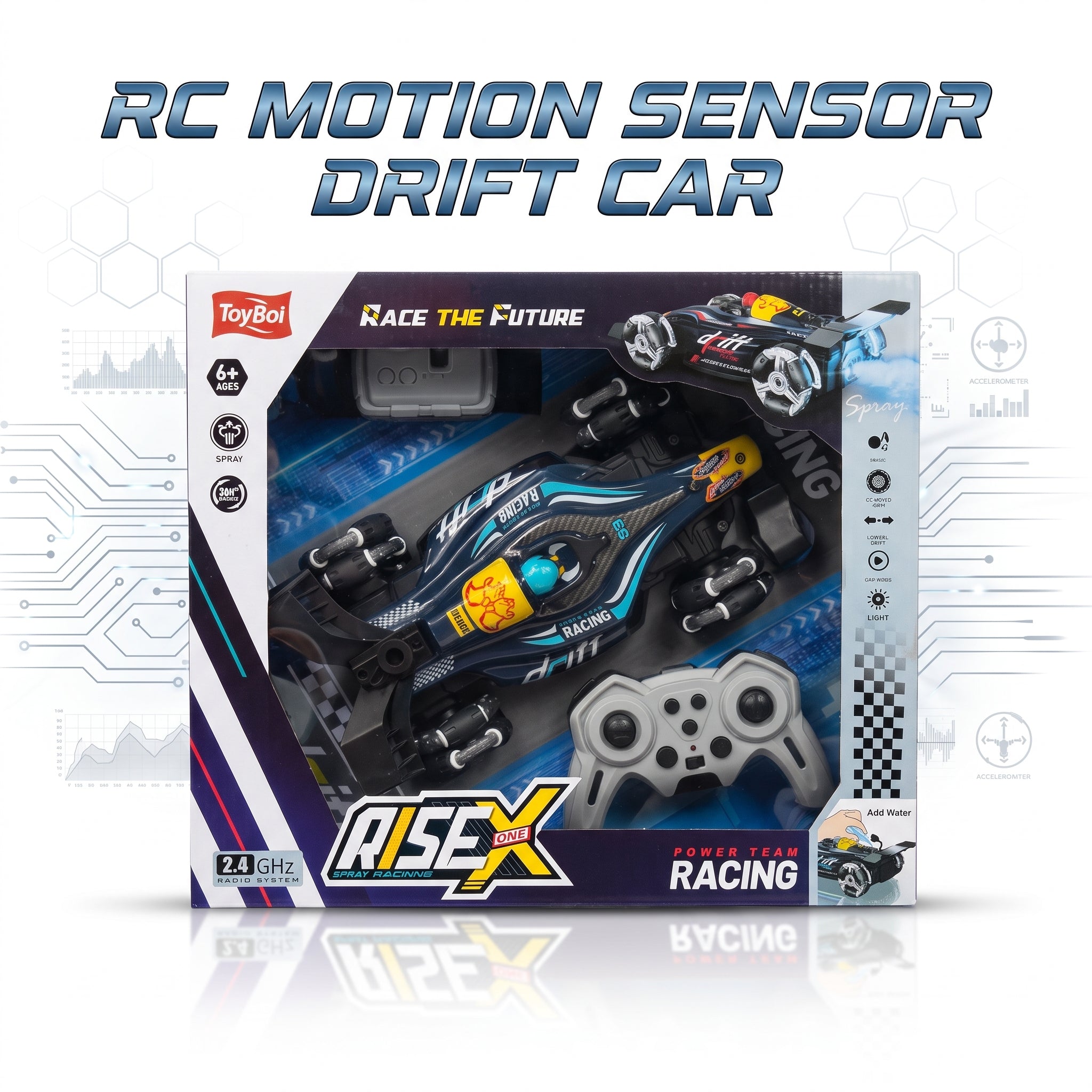 ToyBoi A16X RC Racing drift car kit in retail packaging, featuring a blue and black remote control car with yellow accents, a gray remote controller, and promotional text reading 'RC MOTION SENSOR DRIFT CAR' on a white background with subtle tech graphics.