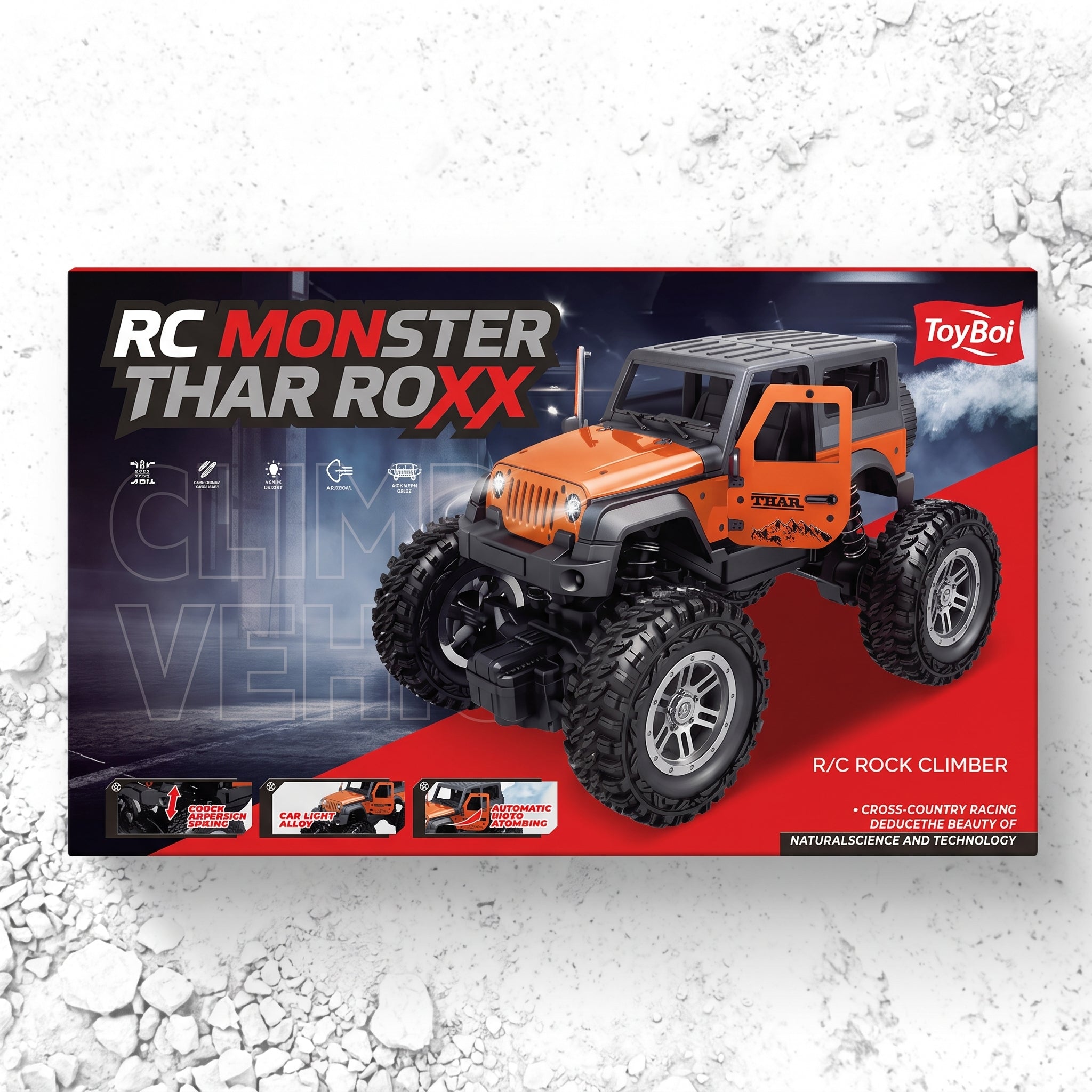 Box packaging for a ToyBoi RC Monster Thar Roxx remote control off-road rock climber, featuring an orange Jeep-style truck graphic on a red and black background.
