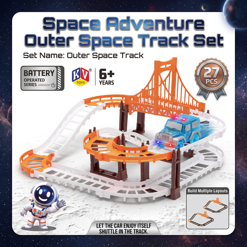 Space Adventure Outer Space Track Set toy set packaging featuring a white and orange spiral space track with a blue toy car, shown on a space-themed background with text and feature badges.