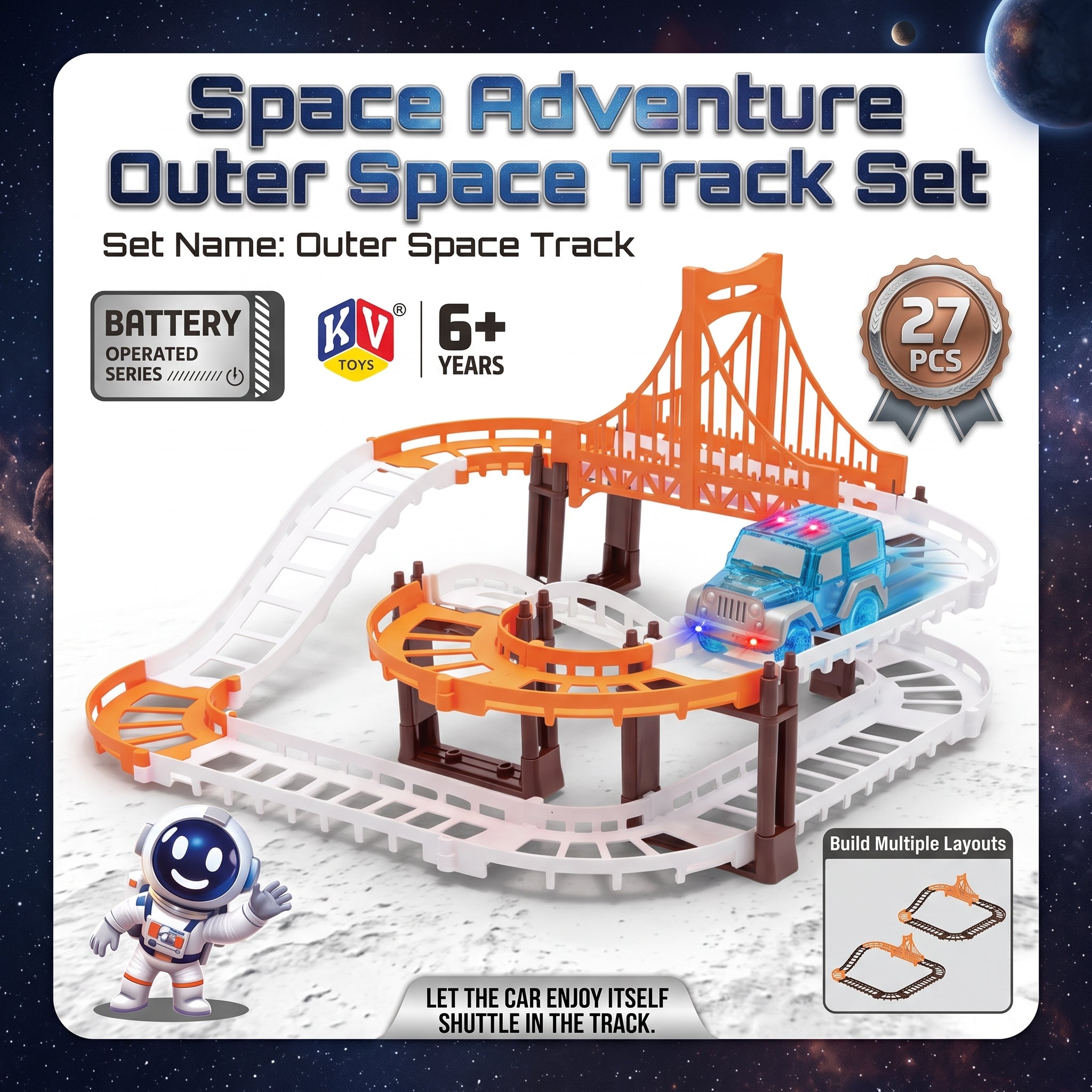 Space Adventure Outer Space Track Set toy set packaging featuring a white and orange spiral space track with a blue toy car, shown on a space-themed background with text and feature badges.