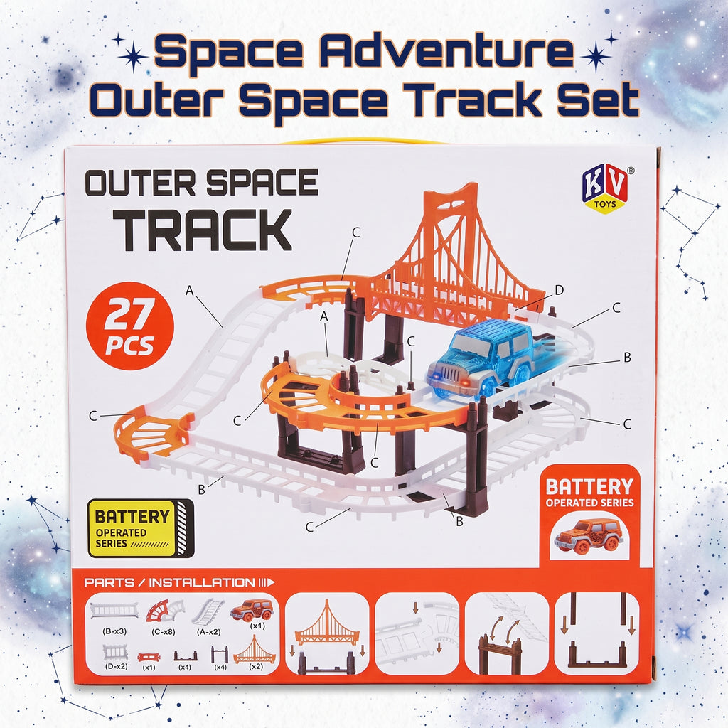 Outer Space Track Set toy packaging box shown against a space-themed background. The box features an illustration of an orange suspension bridge track with a blue toy car, labeled as 27 pieces and battery operated.