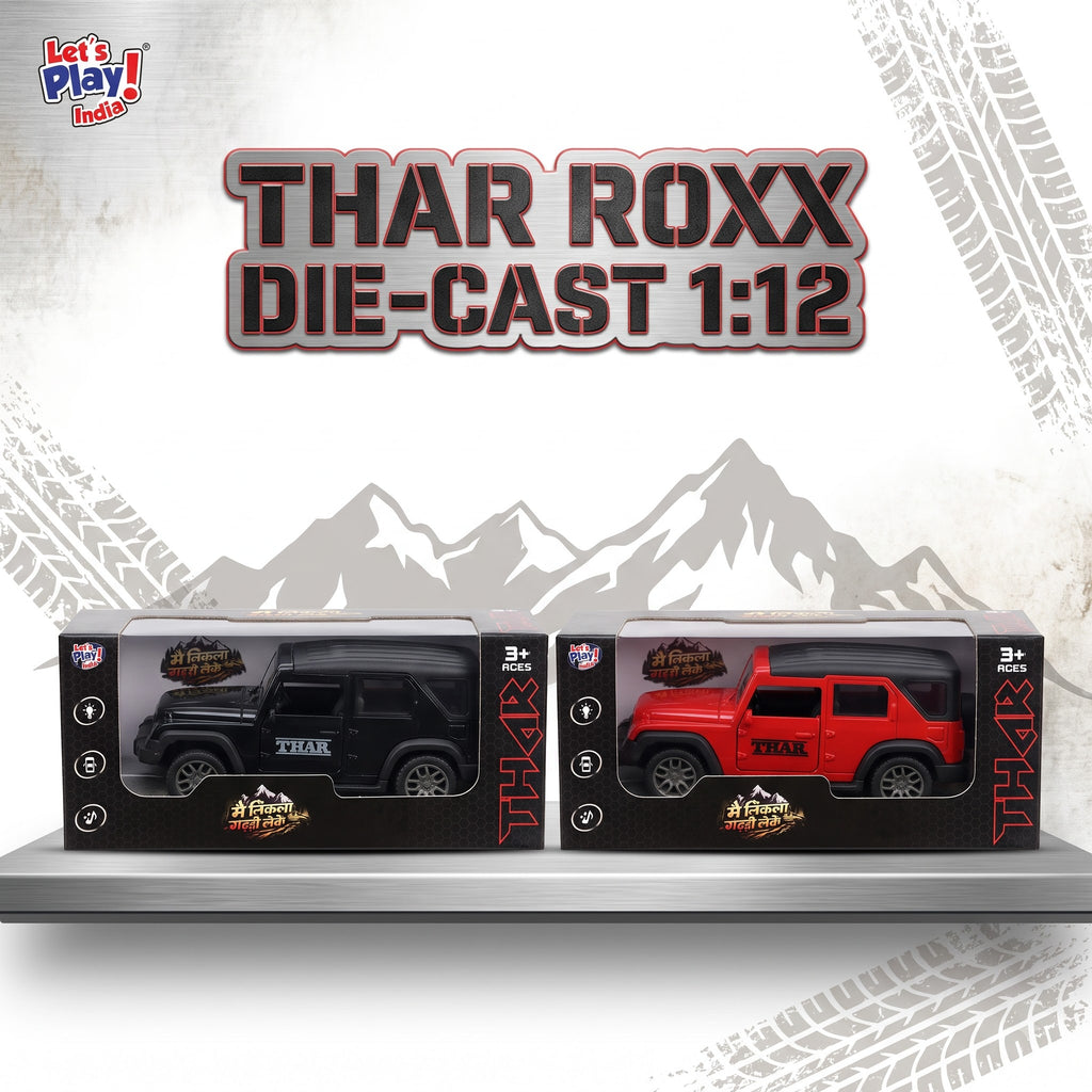 Two 1:12 scale die-cast toy vehicles from Thar Roxx, shown in their retail packaging on a shelf. The left vehicle is black and the right vehicle is red, both branded with 'THAR'.